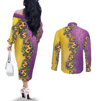 Hawaii Mardi Gras Couples Matching Off The Shoulder Long Sleeve Dress and Long Sleeve Button Shirt Plumeria Lei Beads Glitter Style