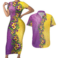 Hawaii Mardi Gras Couples Matching Short Sleeve Bodycon Dress and Hawaiian Shirt Plumeria Lei Beads Glitter Style