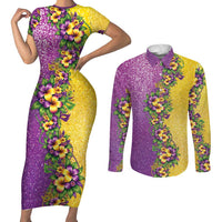 Hawaii Mardi Gras Couples Matching Short Sleeve Bodycon Dress and Long Sleeve Button Shirt Plumeria Lei Beads Glitter Style