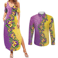 Hawaii Mardi Gras Couples Matching Summer Maxi Dress and Long Sleeve Button Shirt Plumeria Lei Beads Glitter Style