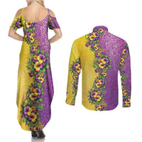 Hawaii Mardi Gras Couples Matching Summer Maxi Dress and Long Sleeve Button Shirt Plumeria Lei Beads Glitter Style