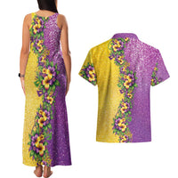 Hawaii Mardi Gras Couples Matching Tank Maxi Dress and Hawaiian Shirt Plumeria Lei Beads Glitter Style