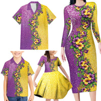 Hawaii Mardi Gras Family Matching Long Sleeve Bodycon Dress and Hawaiian Shirt Plumeria Lei Beads Glitter Style