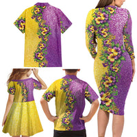 Hawaii Mardi Gras Family Matching Long Sleeve Bodycon Dress and Hawaiian Shirt Plumeria Lei Beads Glitter Style