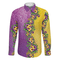 Hawaii Mardi Gras Family Matching Long Sleeve Bodycon Dress and Hawaiian Shirt Plumeria Lei Beads Glitter Style
