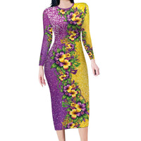 Hawaii Mardi Gras Family Matching Long Sleeve Bodycon Dress and Hawaiian Shirt Plumeria Lei Beads Glitter Style