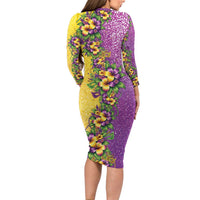 Hawaii Mardi Gras Family Matching Long Sleeve Bodycon Dress and Hawaiian Shirt Plumeria Lei Beads Glitter Style