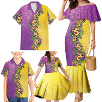 Hawaii Mardi Gras Family Matching Mermaid Dress and Hawaiian Shirt Plumeria Lei Beads Glitter Style