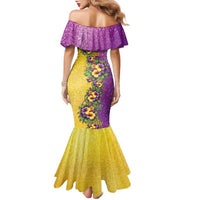 Hawaii Mardi Gras Family Matching Mermaid Dress and Hawaiian Shirt Plumeria Lei Beads Glitter Style