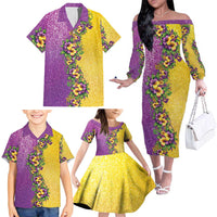 Hawaii Mardi Gras Family Matching Off The Shoulder Long Sleeve Dress and Hawaiian Shirt Plumeria Lei Beads Glitter Style