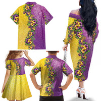 Hawaii Mardi Gras Family Matching Off The Shoulder Long Sleeve Dress and Hawaiian Shirt Plumeria Lei Beads Glitter Style