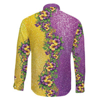 Hawaii Mardi Gras Family Matching Off The Shoulder Long Sleeve Dress and Hawaiian Shirt Plumeria Lei Beads Glitter Style