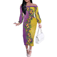 Hawaii Mardi Gras Family Matching Off The Shoulder Long Sleeve Dress and Hawaiian Shirt Plumeria Lei Beads Glitter Style