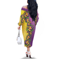 Hawaii Mardi Gras Family Matching Off The Shoulder Long Sleeve Dress and Hawaiian Shirt Plumeria Lei Beads Glitter Style