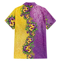 Hawaii Mardi Gras Family Matching Off Shoulder Short Dress and Hawaiian Shirt Plumeria Lei Beads Glitter Style