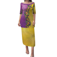 Hawaii Mardi Gras Family Matching Puletasi and Hawaiian Shirt Plumeria Lei Beads Glitter Style