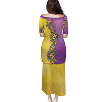 Hawaii Mardi Gras Family Matching Puletasi and Hawaiian Shirt Plumeria Lei Beads Glitter Style