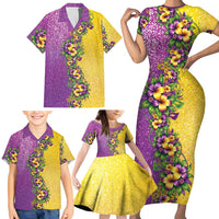 Hawaii Mardi Gras Family Matching Short Sleeve Bodycon Dress and Hawaiian Shirt Plumeria Lei Beads Glitter Style
