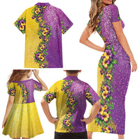 Hawaii Mardi Gras Family Matching Short Sleeve Bodycon Dress and Hawaiian Shirt Plumeria Lei Beads Glitter Style