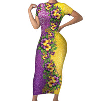 Hawaii Mardi Gras Family Matching Short Sleeve Bodycon Dress and Hawaiian Shirt Plumeria Lei Beads Glitter Style
