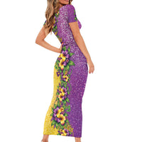 Hawaii Mardi Gras Family Matching Short Sleeve Bodycon Dress and Hawaiian Shirt Plumeria Lei Beads Glitter Style