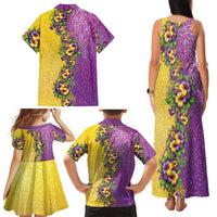 Hawaii Mardi Gras Family Matching Tank Maxi Dress and Hawaiian Shirt Plumeria Lei Beads Glitter Style