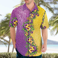 Hawaii Mardi Gras Hawaiian Shirt Plumeria Lei Beads Glitter Style