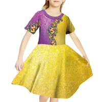 Hawaii Mardi Gras Kid Short Sleeve Dress Plumeria Lei Beads Glitter Style