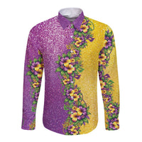 Hawaii Mardi Gras Long Sleeve Button Shirt Plumeria Lei Beads Glitter Style