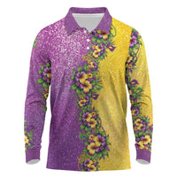 Hawaii Mardi Gras Long Sleeve Polo Shirt Plumeria Lei Beads Glitter Style