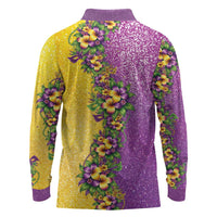 Hawaii Mardi Gras Long Sleeve Polo Shirt Plumeria Lei Beads Glitter Style
