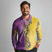 Hawaii Mardi Gras Long Sleeve Polo Shirt Plumeria Lei Beads Glitter Style