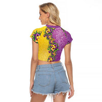 Hawaii Mardi Gras Raglan Cropped T Shirt Plumeria Lei Beads Glitter Style