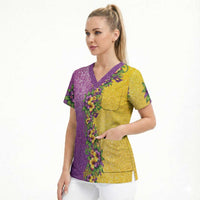 Hawaii Mardi Gras Scrub Top Plumeria Lei Beads Glitter Style