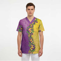 Hawaii Mardi Gras Scrub Top Plumeria Lei Beads Glitter Style