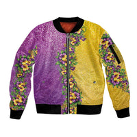 Hawaii Mardi Gras Sleeve Zip Bomber Jacket Plumeria Lei Beads Glitter Style