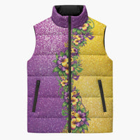 Hawaii Mardi Gras Sleeveless Puffer Jacket Plumeria Lei Beads Glitter Style