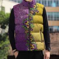 Hawaii Mardi Gras Sleeveless Puffer Jacket Plumeria Lei Beads Glitter Style