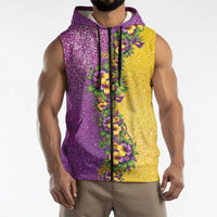 Hawaii Mardi Gras Sleeveless Zip Hoodie Plumeria Lei Beads Glitter Style