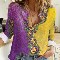 Hawaii Mardi Gras Women Casual Shirt Plumeria Lei Beads Glitter Style