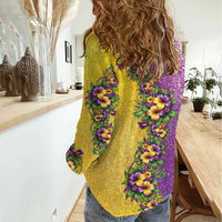 Hawaii Mardi Gras Women Casual Shirt Plumeria Lei Beads Glitter Style