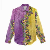 Hawaii Mardi Gras Women Casual Shirt Plumeria Lei Beads Glitter Style