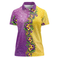 Hawaii Mardi Gras Women Polo Shirt Plumeria Lei Beads Glitter Style