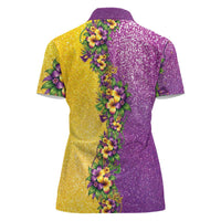 Hawaii Mardi Gras Women Polo Shirt Plumeria Lei Beads Glitter Style