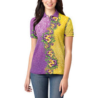 Hawaii Mardi Gras Women Polo Shirt Plumeria Lei Beads Glitter Style
