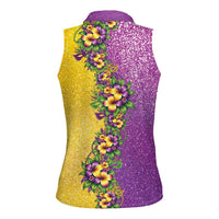 Hawaii Mardi Gras Women Sleeveless Polo Shirt Plumeria Lei Beads Glitter Style