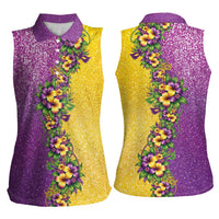 Hawaii Mardi Gras Women Sleeveless Polo Shirt Plumeria Lei Beads Glitter Style