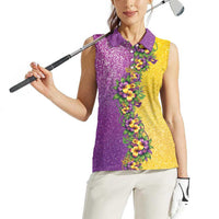 Hawaii Mardi Gras Women Sleeveless Polo Shirt Plumeria Lei Beads Glitter Style