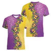 Hawaii Mardi Gras Women V-Neck T-Shirt Plumeria Lei Beads Glitter Style