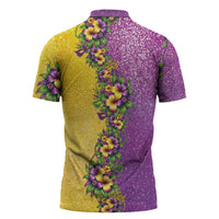 Hawaii Mardi Gras Zipper Polo Shirt Plumeria Lei Beads Glitter Style